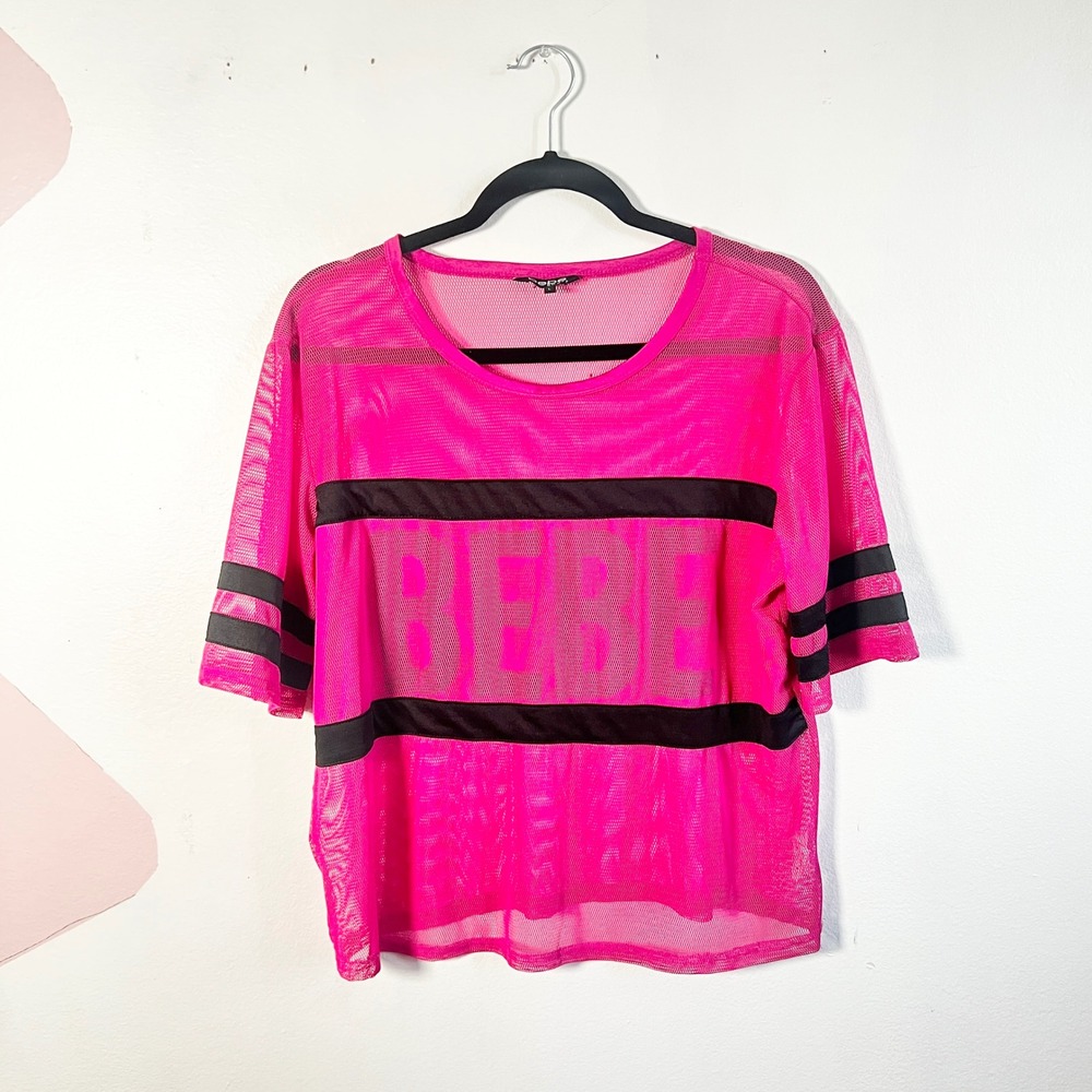 Vtg Y2k 2000s Bebe Mesh Jersey Top Women's Large Hot Pink‎ Varsity Stripe Logo